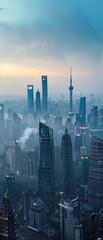 Naklejka premium Urban skyline masked by PM 25, spotlighting urgent tech innovations and streamer awareness