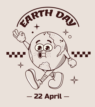 Poster for the celebration of earth day on April 22.  The character is walking in groovy style. Vector illustration. Isolated. Greenery. Mother globe. Funky mascot. Eco green Comic. Y2k hippie element