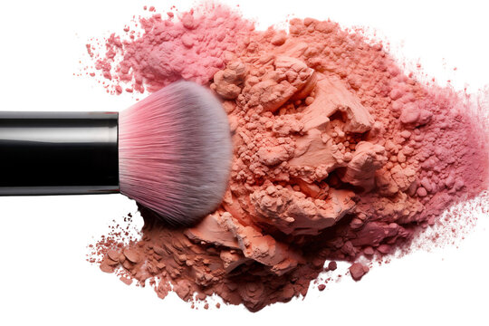 Make up brush and powder, close up pink powder blowing from brush make up, isolated on transparent background