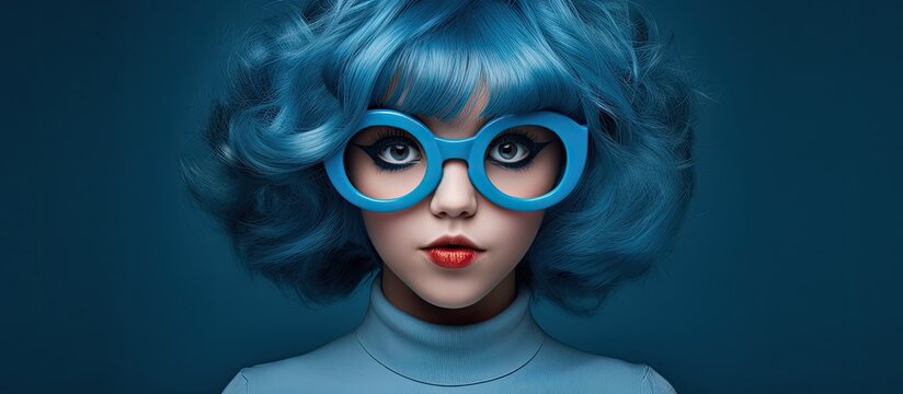 A woman with aqua blue hair and glasses is wearing a electric blue sweater, giving her a unique and artistic look. Her eyewear adds a touch of vision care and cartoonish charm