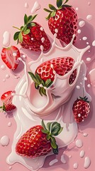 Food poster, featuring several oversized Dandong strawberries with splashing milk, set against a solid color background. The illustrations are in light colors with - generative ai