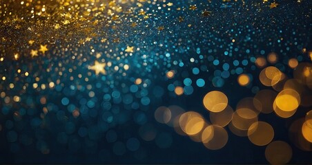 A close-up view of a blue and gold background with stars. Suitable for celestial, festive, or glamorous design projects such as invitations, holiday-themed graphics.glitter lights.  - obrazy, fototapety, plakaty