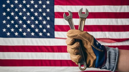 Worn Work Glove Holding Old Wrench and US American Flag: Labor Day Concept - obrazy, fototapety, plakaty