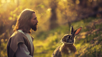 Jesus cristo ao lado do coelho da pascoa ao por do sol
