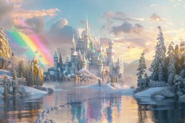 The imagination reigns supreme, as a princess's castle kingdom, adorned in white and pink with a rainbow arching overhead, faces a threat against its dreamlike environment. - obrazy, fototapety, plakaty