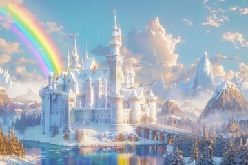 The imagination reigns supreme, as a princess's castle kingdom, adorned in white and pink with a rainbow arching overhead, faces a threat against its dreamlike environment.