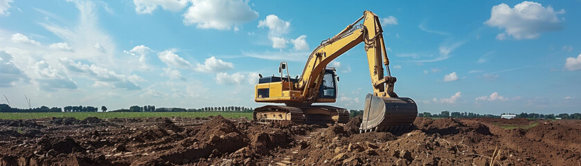 Excavator working on a construction site. and construction tools.