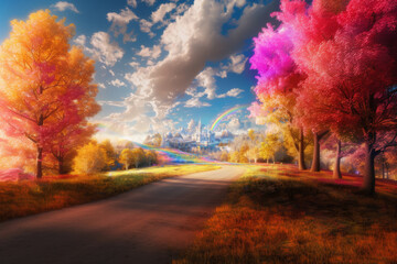 Fototapeta premium The imagination reigns supreme, as a princess's castle kingdom, adorned in white and pink with a rainbow arching overhead, faces a threat against its dreamlike environment.