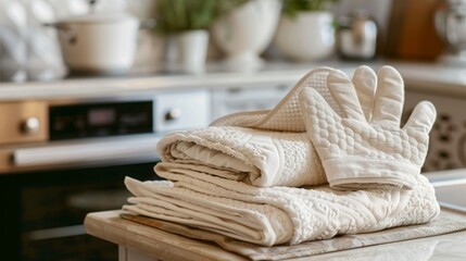 Stack of neatly folded kitchen towels and oven mitts, essential for keeping hands and surfaces clean during meal preparation.
