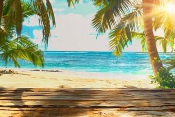 Wooden old table of free space for your decoration. Summer beach landscape with palms and ocean....