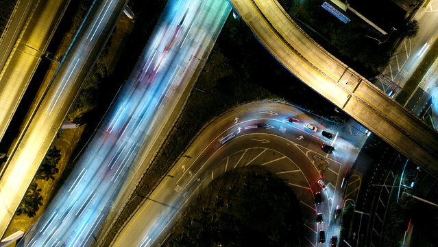 DRONE CAPTURE OF THE GOLDEN GLADES INTERCHANGE AND I-95 AT NIGHT USING LONG EXPOSURE.