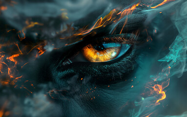 Intensity of a fiery eye gaze within ethereal flames and smoky whorls background