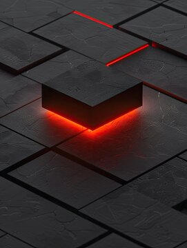 Minimalist black isometric design of an illuminated red block on top of a dark grey surface. Generative AI