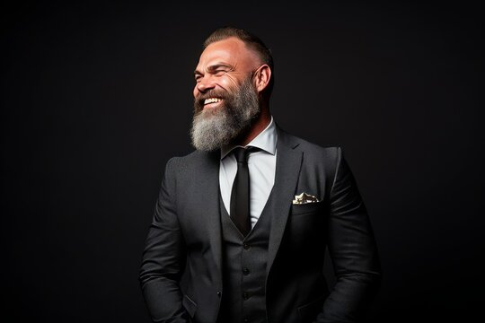 Portrait of a handsome bearded man in a suit on a dark background.