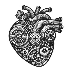 heart with intricate steampunk gears and mechanical components. Sketch engraving generative ai vector illustration. Scratch board imitation. Black and white image.
