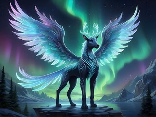 Create a mythical creature named "Aurora Seraph," inspired by the northern lights and celestial beings, with iridescent wings and ethereal glow.