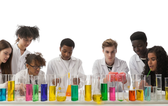 Students Joining Forces for a Science Project Isolated on Transparent Background PNG.