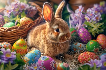 Adorable Bunny Surrounded by Colorful Easter Eggs and Floral Arrangements in a Festive Spring Setting