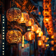 Illuminated Lanterns Adorning an Exotic Street at Dusk
