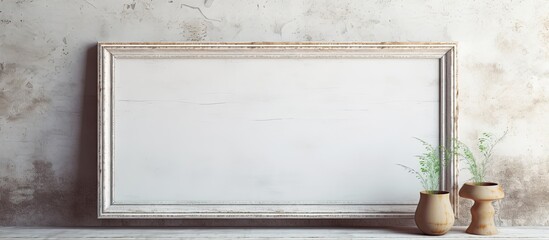 A simple arrangement of a picture frame and multiple vases placed on a wooden floor next to a wall, creating a minimalist setting