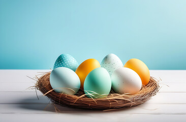 Beautiful colorful Easter eggs are lying in a brown basket with straw. An Easter card with a place for the text.