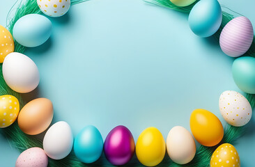 Colorful Easter eggs are laid out in a circle on a blue background with an empty space for text. An Easter card.