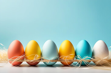 Easter multicolored eggs are tied with straw with bows on a pale blue background. Easter egg postcard with an empty space for text.