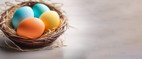 Colorful Easter eggs are lying in a basket with straw on a beige background. An Easter card with an empty space for the text.