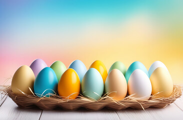 Many colorful eggs are on the table in a basket with straw on a rainbow background. An Easter card with an empty space for the text.