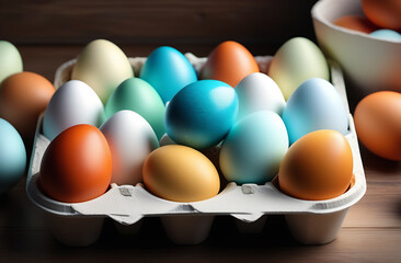 Multicolored colored eggs like in a box on the table on the Easter holiday.