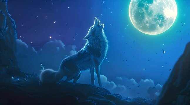 Wolf Howling at a Full Moon in Night Sky with Ai generated.
