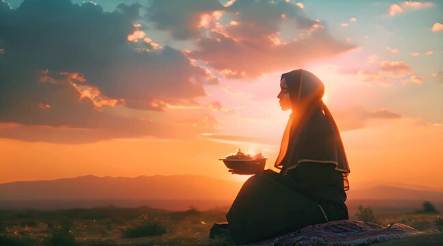 Woman in Hijab Holding Food at Sunset with Ai generated.
