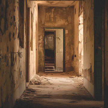 Abandoned Hallway in a Derelict Building with Peeling Paint and Debris