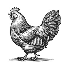 Chicken hen poultry bird farm animal sketch engraving generative ai fictional character vector illustration. Scratch board imitation. Black and white image. - obrazy, fototapety, plakaty