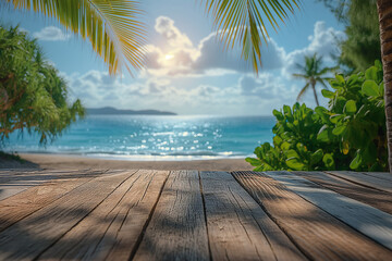 Summer vacation view concept Top of wood empty table with seascape and palm leaves ready for your product display montage