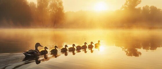 A group of ducklings following their mother in a row across a serene pond at sunrise