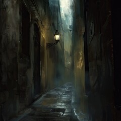 A shadowy narrow alleyway