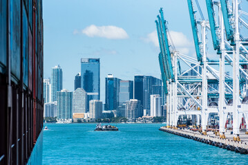 Unusual perspective view on the Miami downtown. View from the cargo ship approaching to the...