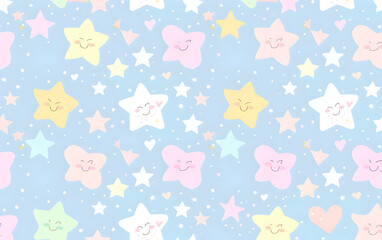 Obraz premium Hearts, stars and dots in kids seamless pattern in doodle style. Ornament in pastel calm colors on the white background, kids, childish girly design, drawing, vector digital style
