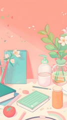 Cute beautiful aesthetic Japanese room anime cartoonish artstyle. Kawaii cozy lofi Asian architecture, wallpaper for mobile phone, pink, green purple pastel colors, window, table, school accessories