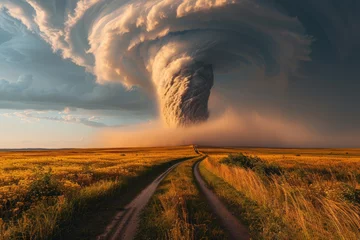 Küchenrückwand glas motiv Imposing tornado funnel formation on the horizon above a tranquil country landscape under a threatening sky © Dacha AI