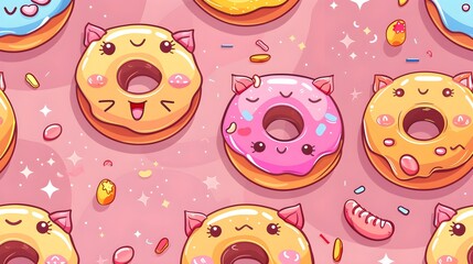 Background with cute desserts with eyes. Donuts, muffins, cute chocolate cookies. Smiling sweets on a pastel modern color pink white beige, seamless anime style design wallpaper Food kawaii characters - obrazy, fototapety, plakaty