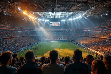 A bustling stadium with a filled crowd gazes upon a nighttime football game, under bright lights