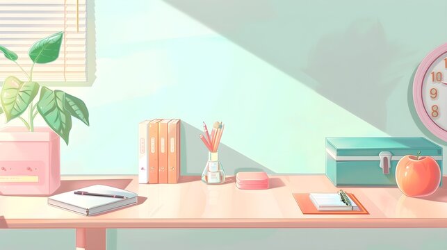 Cute beautiful aesthetic Japanese desktop with  school accessories on mint table anime cartoonish artstyle. Kawaii cozy lofi Asian wallpaper for mobile phone, pink, purple pastel colors, flowers.
