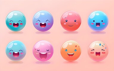 Cute emoji set Round abstract comic faces with various emotions on pastel color Vector drawing style Different colorful characters Flat trendy illustration design for mobile phone apps chat wallpaper 