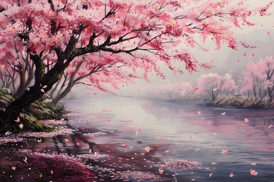 Sakura blooming on a river bank, Japan anime scenery wallpaper featuring beautiful pink cherry trees in the background, banner copy space