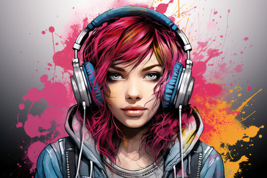 Teenage music lover. pop art illustration showcasing vibrant colored teen with headphones