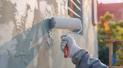 Close up of painter hand painting a wall with paint roller, Real estate, New home concept