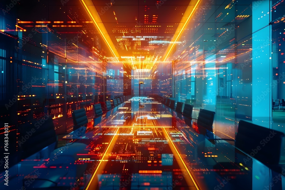 Poster embodying the pulse of tomorrow: a futuristic digital networking room with modern technology and dat