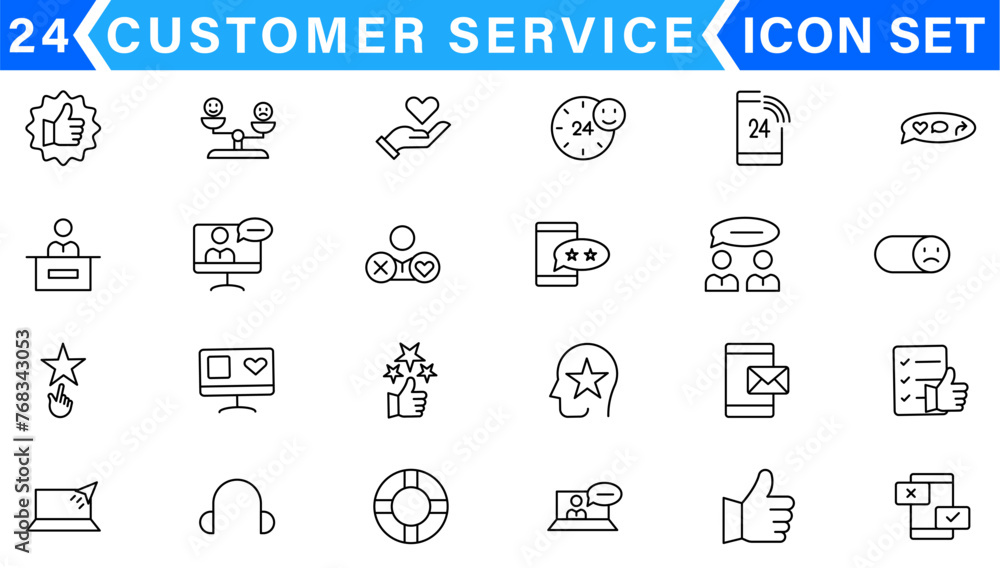 Poster customer service and support - outline icon collection. thin line set contains such icons as online 
